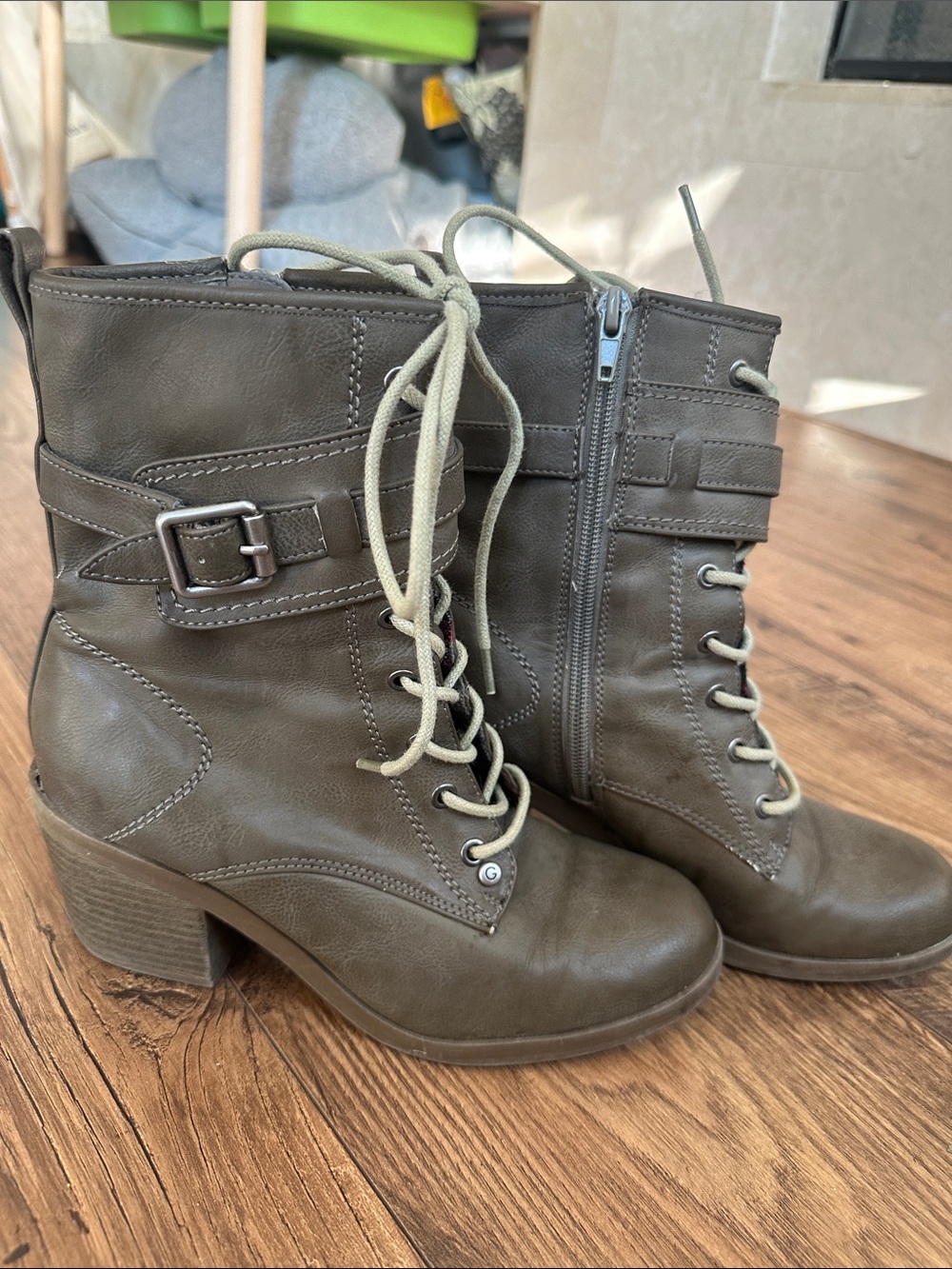 Guess Olive Green Lace-Up Heeled Ankle Boots